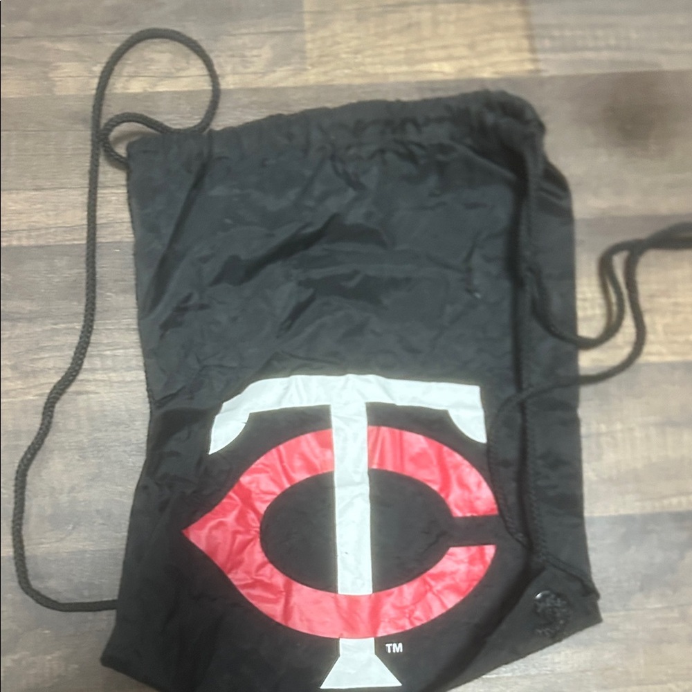 Twins Black Drawstring Backpack with Red & White Logo